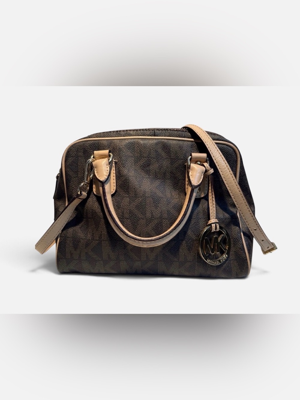 Michael Kors Dark Brown Logo Satchel with Tan Trim